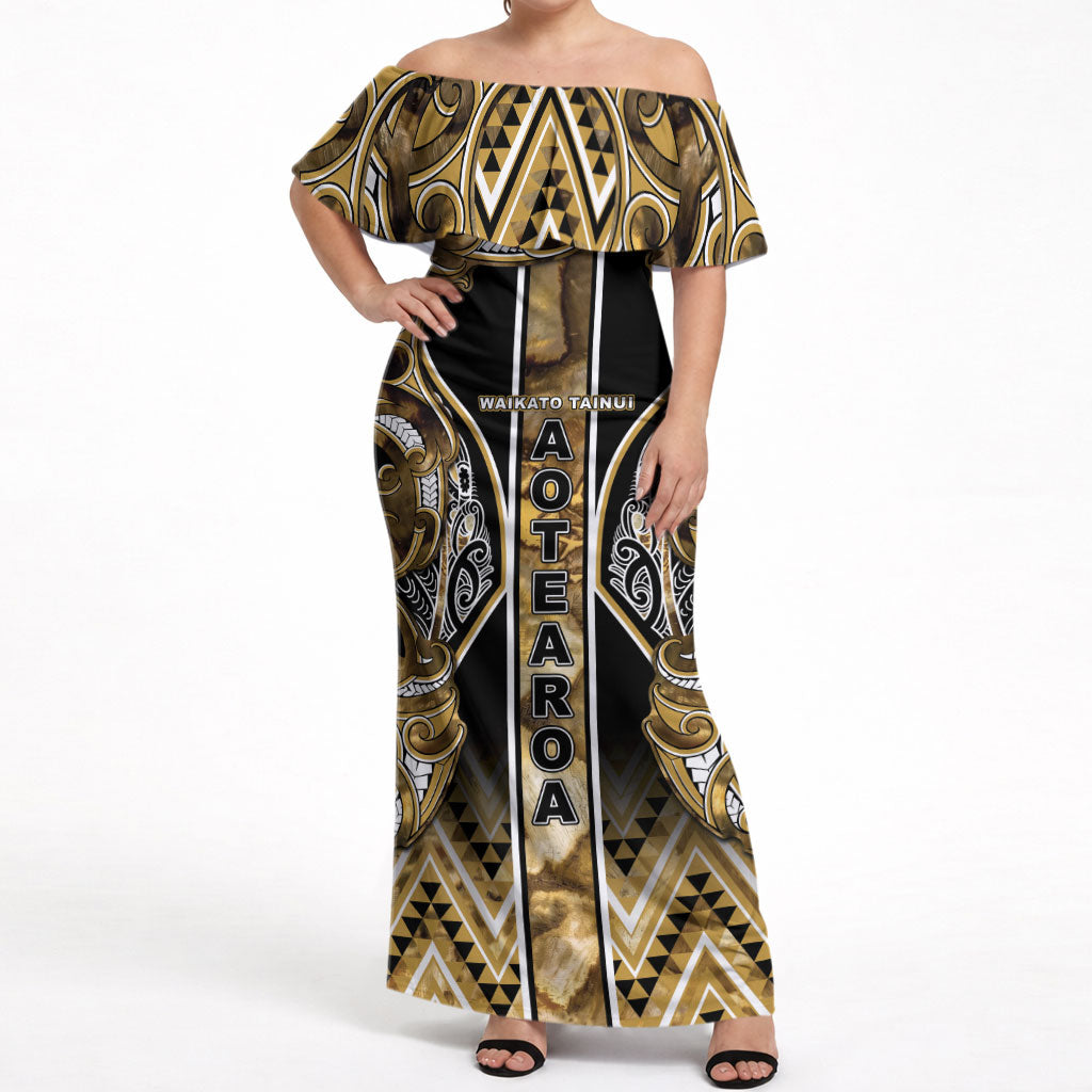 Aotearoa Waikato Tainui Off Shoulder Maxi Dress Maori Light Gold Tribal Paua Shell Pattern DT05 Women Yellow - Polynesian Pride