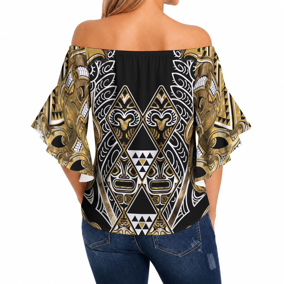 Aotearoa Waikato Tainui Off Shoulder Wrap Waist Top Maori Light Gold Tribal Paua Shell Pattern DT05 - Polynesian Pride