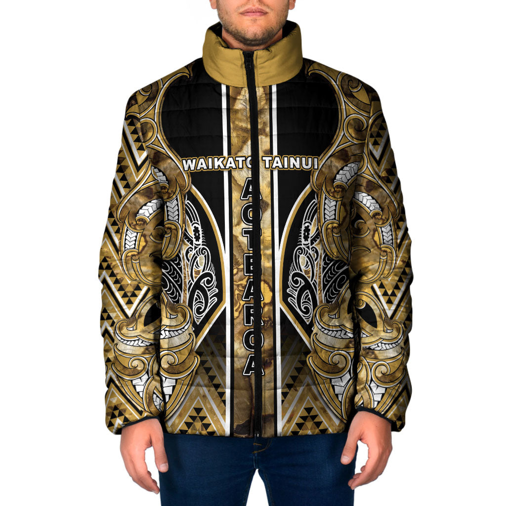 Aotearoa Waikato Tainui Padded Jacket Maori Light Gold Tribal Paua Shell Pattern DT05 Men Yellow - Polynesian Pride