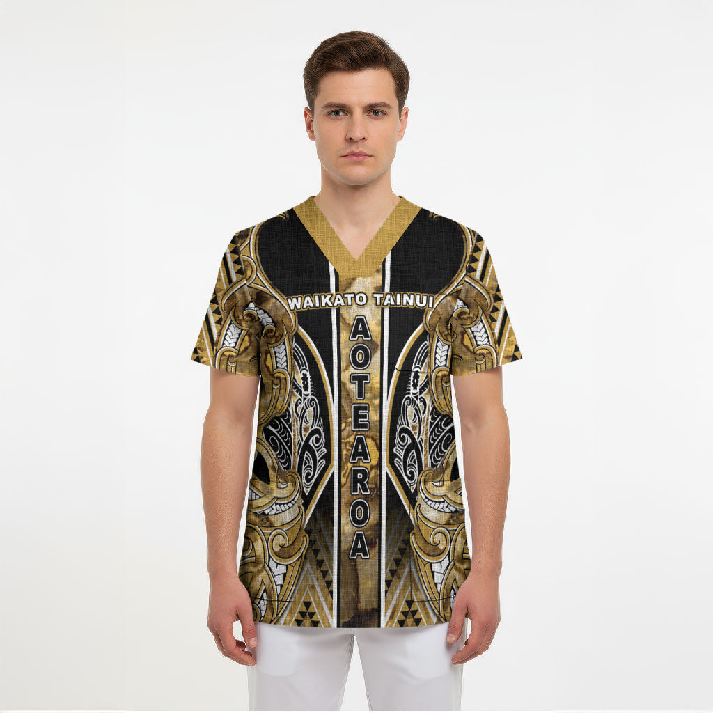 Aotearoa Waikato Tainui Scrub Top Maori Light Gold Tribal Paua Shell Pattern DT05 - Polynesian Pride