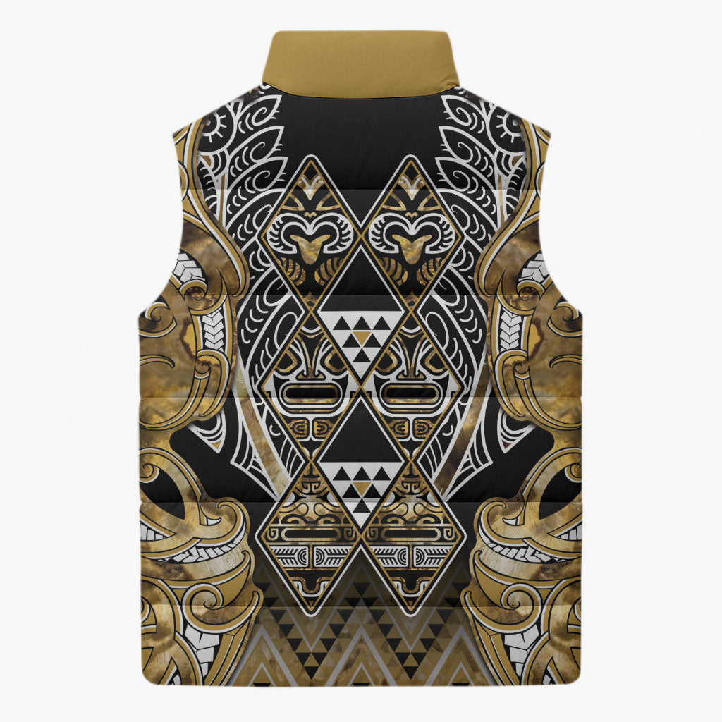 Aotearoa Waikato Tainui Sleeveless Puffer Jacket Maori Light Gold Tribal Paua Shell Pattern DT05 - Polynesian Pride