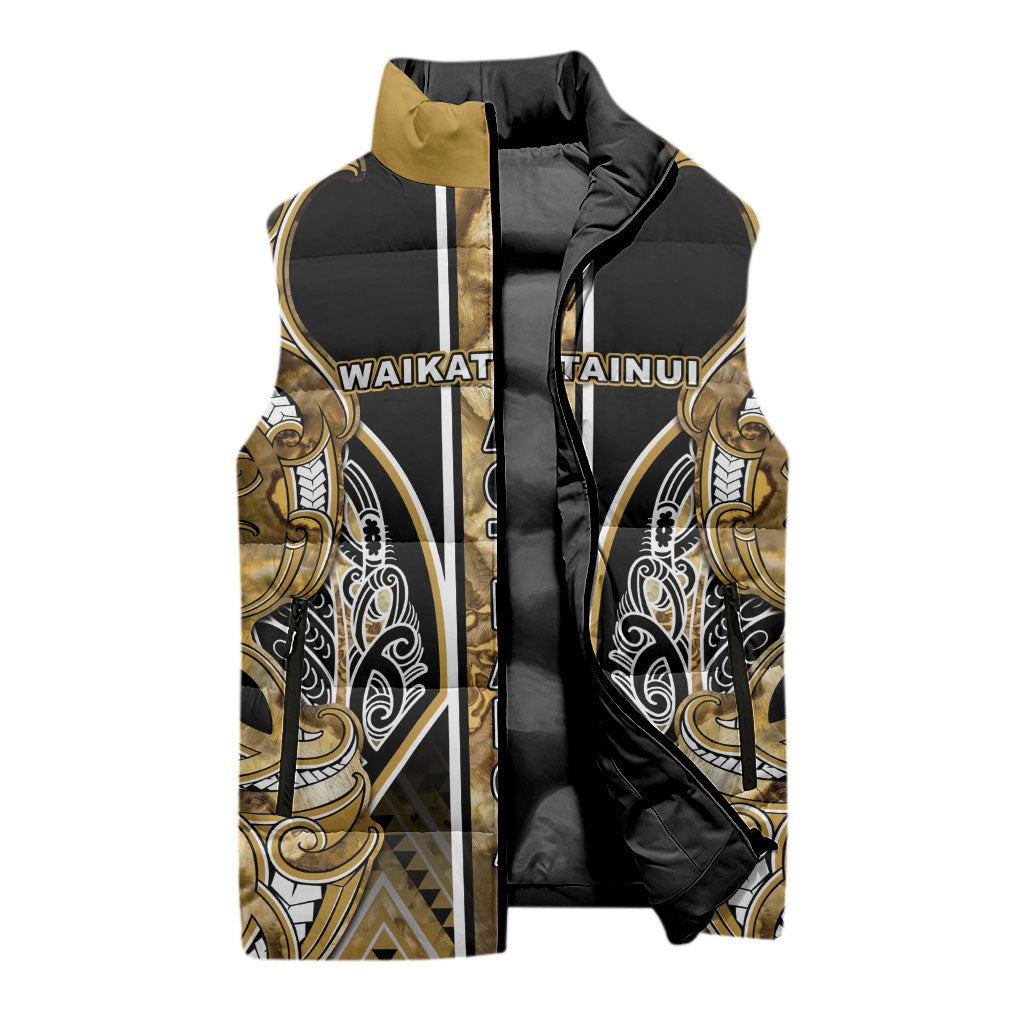 Aotearoa Waikato Tainui Sleeveless Puffer Jacket Maori Light Gold Tribal Paua Shell Pattern DT05 - Polynesian Pride