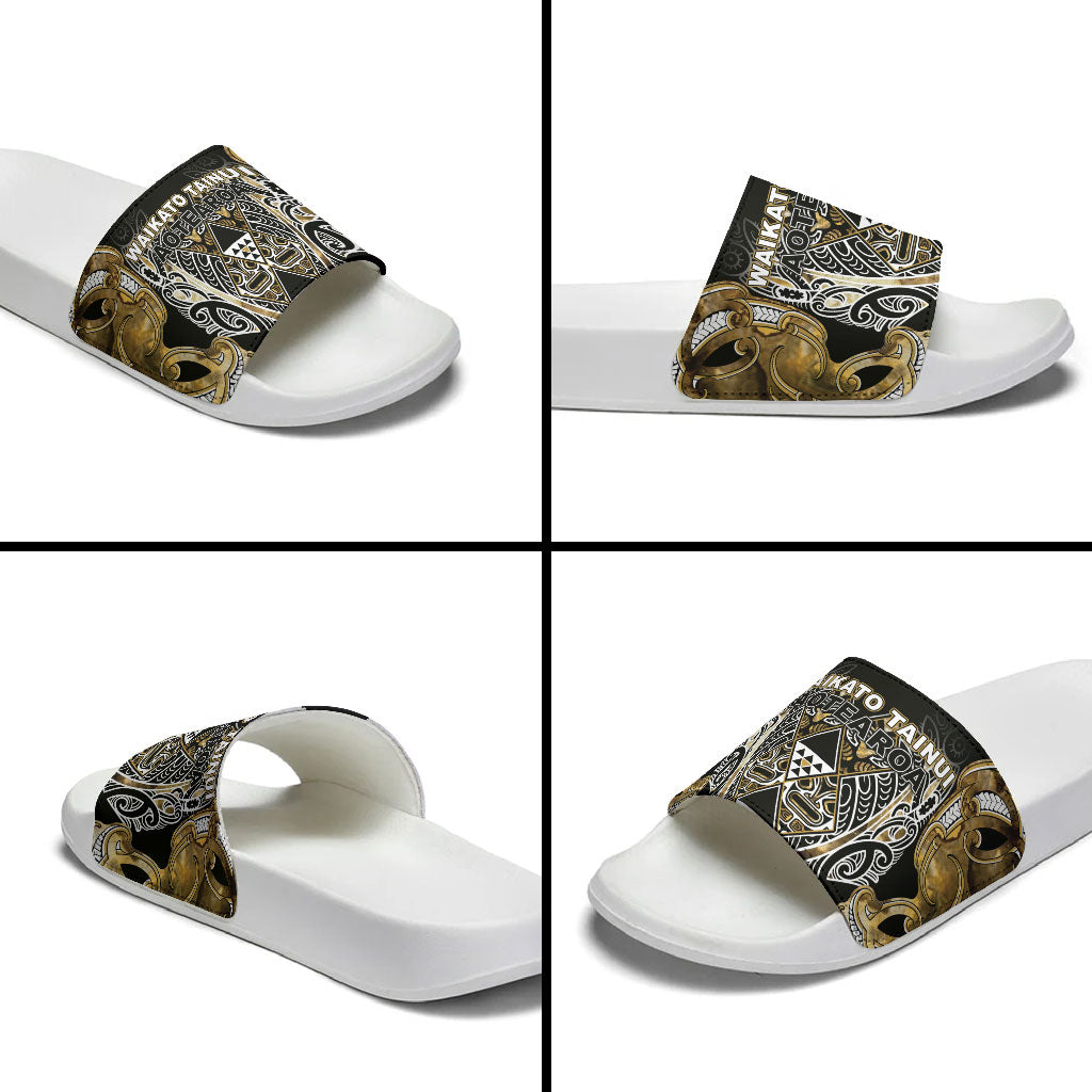 Aotearoa Waikato Tainui Slide Sandals Maori Light Gold Tribal Paua Shell Pattern DT05 - Polynesian Pride