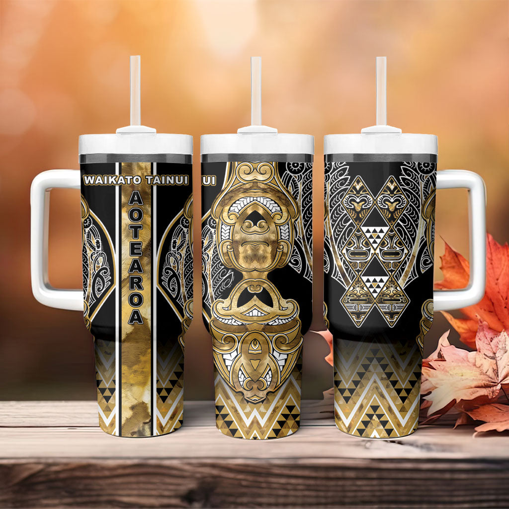 Aotearoa Waikato Tainui Tumbler With Handle Maori Light Gold Tribal Paua Shell Pattern DT05 - Polynesian Pride