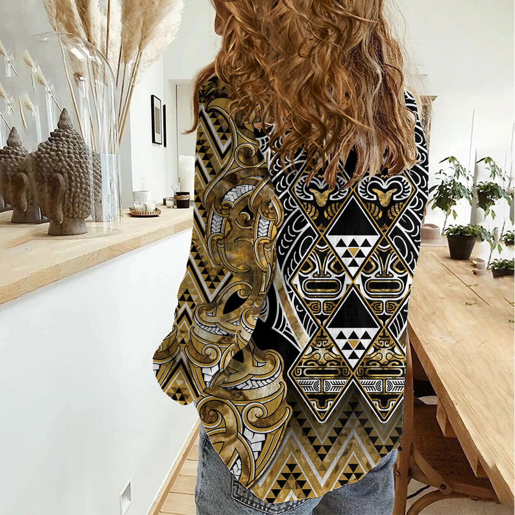 Aotearoa Waikato Tainui Women Casual Shirt Maori Light Gold Tribal Paua Shell Pattern DT05 - Polynesian Pride