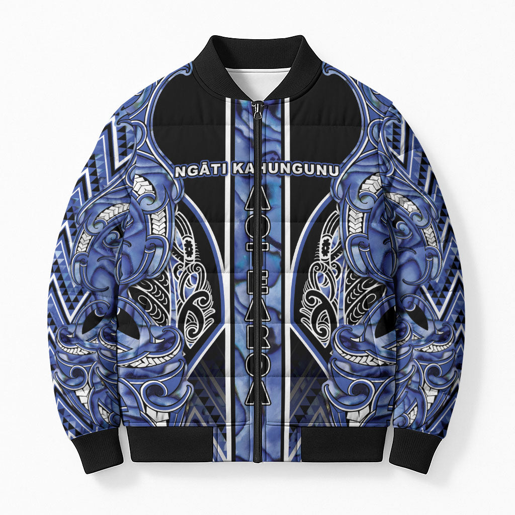 Aotearoa Ngati Kahungunu Bomber Puffer Jacket Maori Tribal Blue Paua Shell Pattern DT05 Unisex Blue - Polynesian Pride