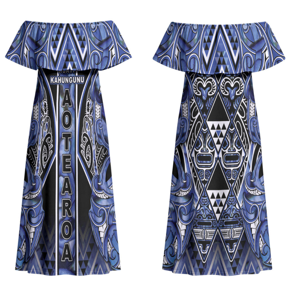 Aotearoa Ngati Kahungunu Couples Matching Off Shoulder Maxi Dress and Hawaiian Shirt Maori Tribal Blue Paua Shell Pattern DT05 - Polynesian Pride