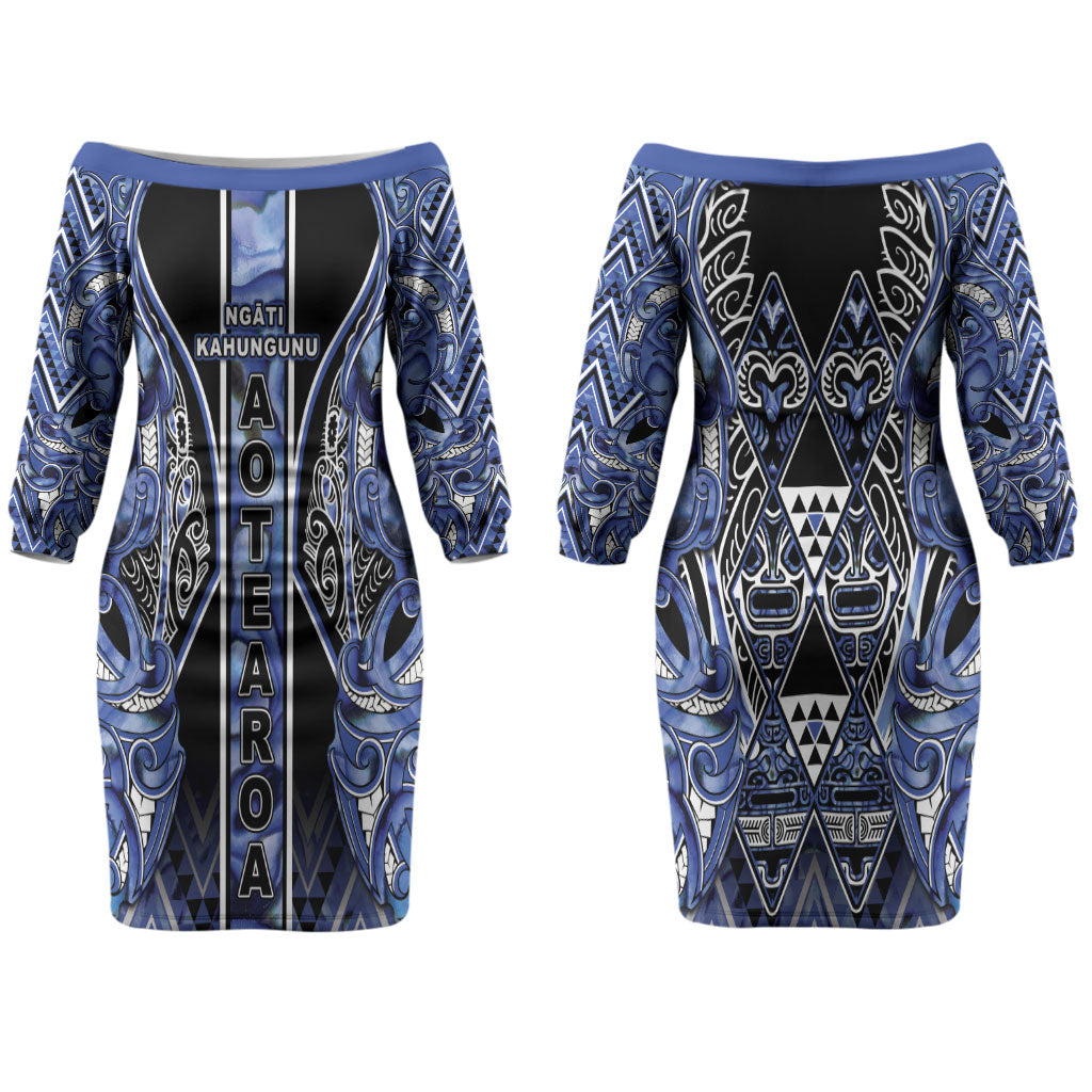 Aotearoa Ngati Kahungunu Couples Matching Off The Shoulder Long Sleeve Dress and Hawaiian Shirt Maori Tribal Blue Paua Shell Pattern DT05 - Polynesian Pride
