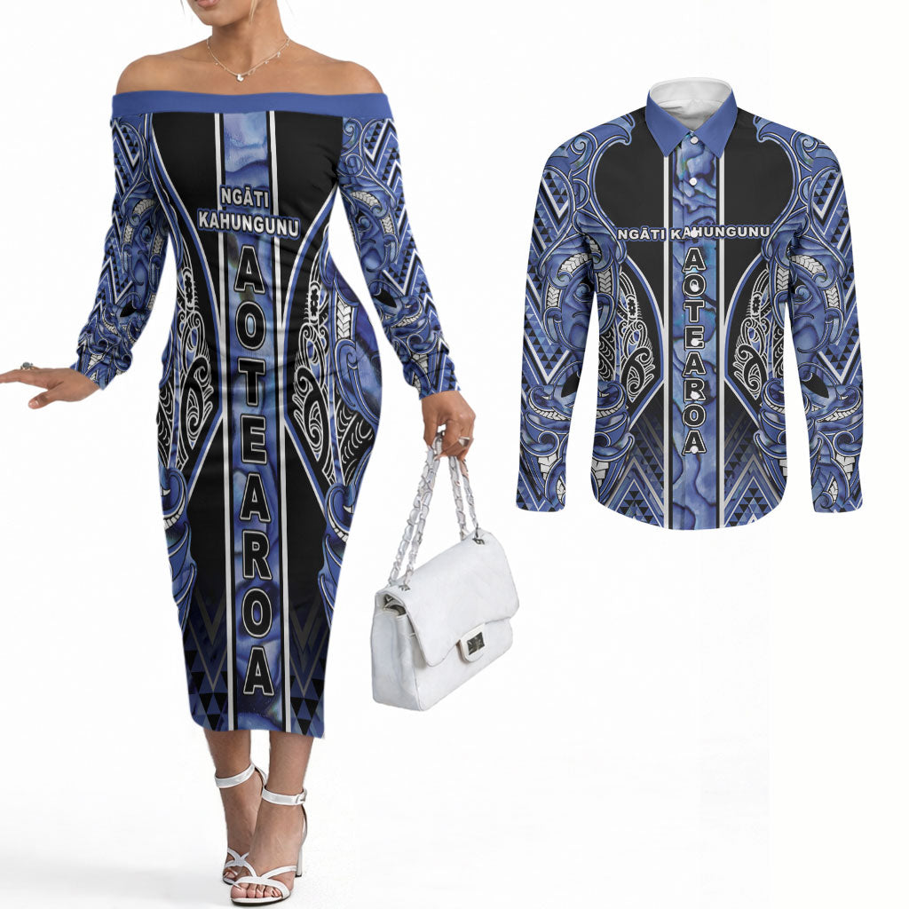 Aotearoa Ngati Kahungunu Couples Matching Off The Shoulder Long Sleeve Dress and Long Sleeve Button Shirt Maori Tribal Blue Paua Shell Pattern DT05 Blue - Polynesian Pride