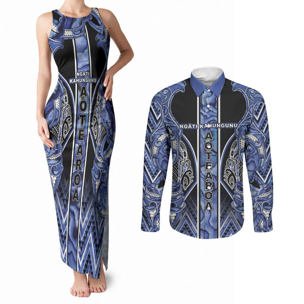 Aotearoa Ngati Kahungunu Couples Matching Tank Maxi Dress and Long Sleeve Button Shirt Maori Tribal Blue Paua Shell Pattern DT05 Blue - Polynesian Pride