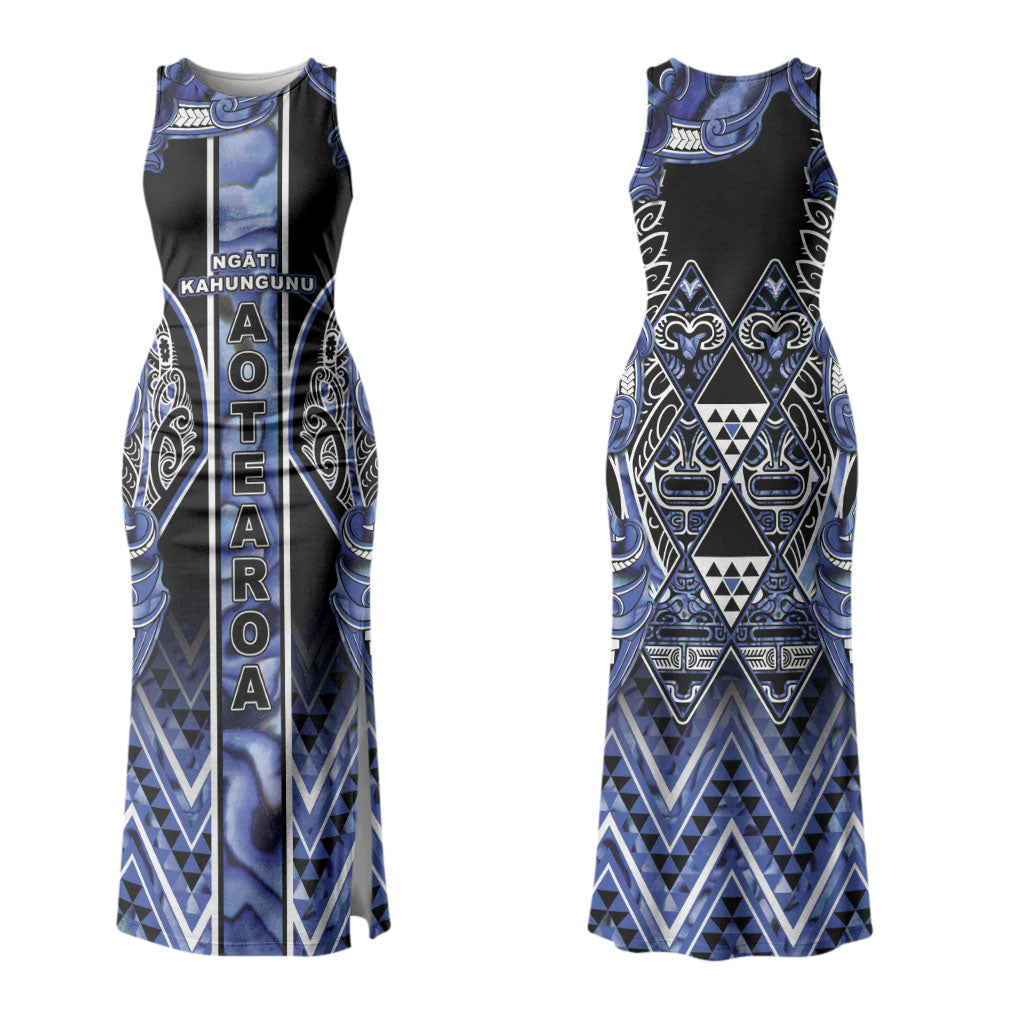 Aotearoa Ngati Kahungunu Couples Matching Tank Maxi Dress and Long Sleeve Button Shirt Maori Tribal Blue Paua Shell Pattern DT05 - Polynesian Pride