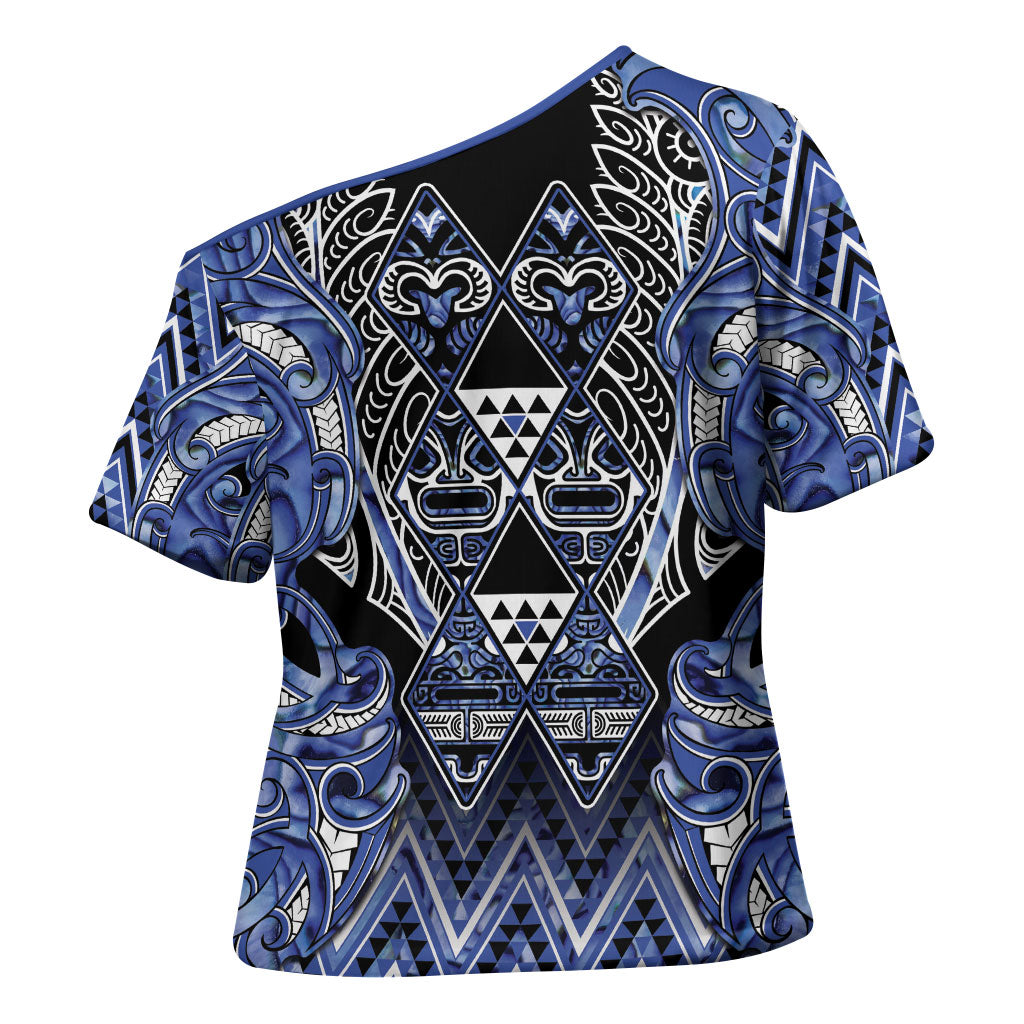 Aotearoa Ngati Kahungunu Cross Shoulder Shirt Maori Tribal Blue Paua Shell Pattern DT05 - Polynesian Pride