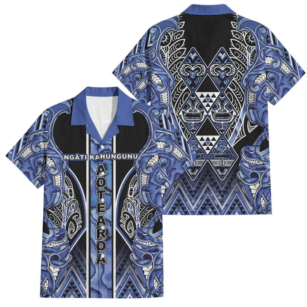 Aotearoa Ngati Kahungunu Family Matching Off Shoulder Maxi Dress and Hawaiian Shirt Maori Tribal Blue Paua Shell Pattern DT05 Dad's Shirt - Short Sleeve Blue - Polynesian Pride