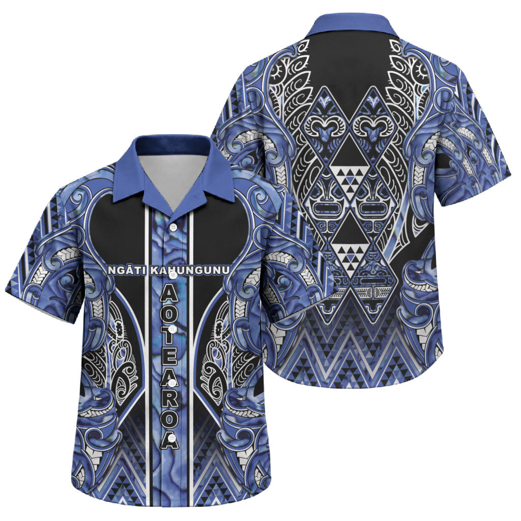 Aotearoa Ngati Kahungunu Family Matching Off Shoulder Short Dress and Hawaiian Shirt Maori Tribal Blue Paua Shell Pattern DT05 Son's Shirt Blue - Polynesian Pride