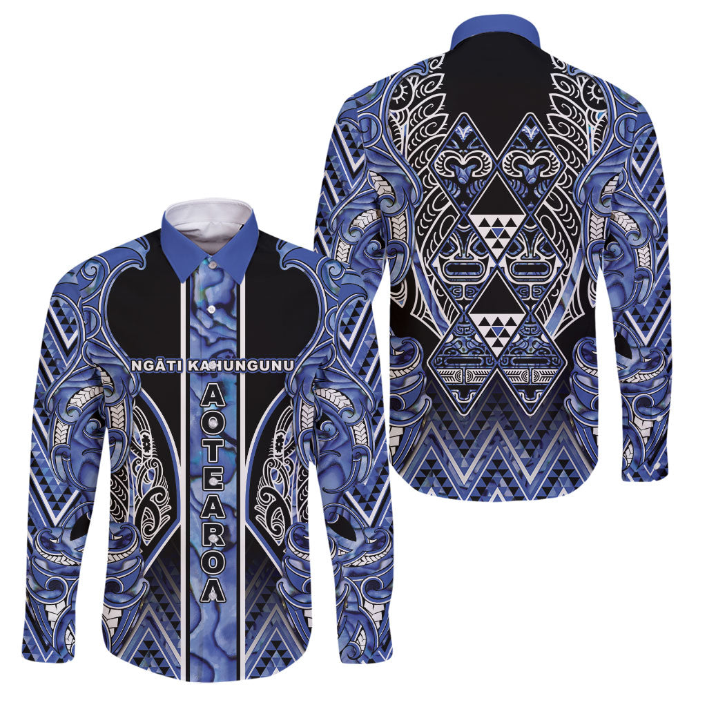 Aotearoa Ngati Kahungunu Family Matching Summer Maxi Dress and Hawaiian Shirt Maori Tribal Blue Paua Shell Pattern DT05 Dad's Shirt - Long Sleeve Blue - Polynesian Pride