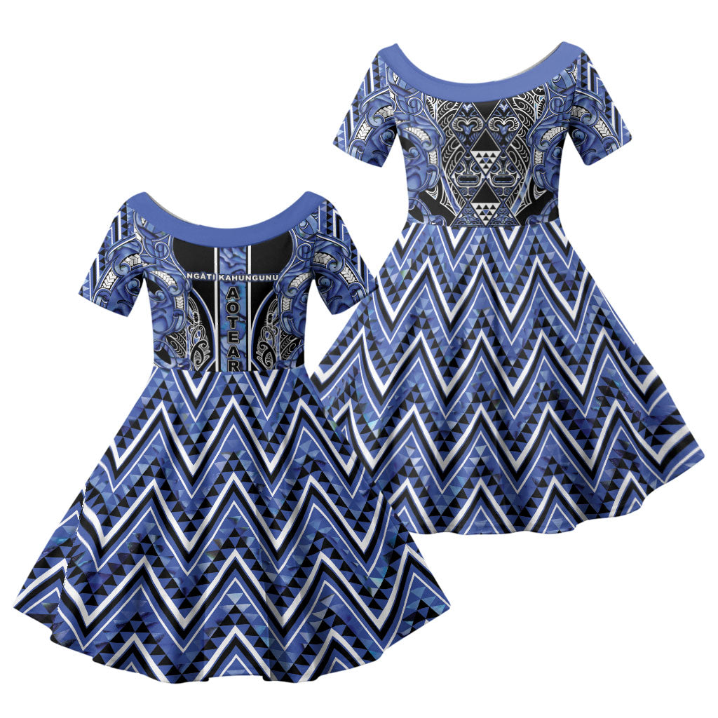Aotearoa Ngati Kahungunu Family Matching Summer Maxi Dress and Hawaiian Shirt Maori Tribal Blue Paua Shell Pattern DT05 Daughter's Dress Blue - Polynesian Pride