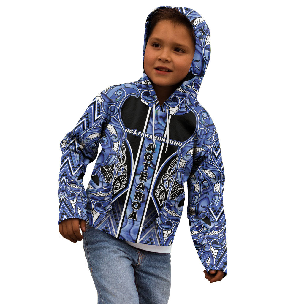 Aotearoa Ngati Kahungunu Kid Hoodie Maori Tribal Blue Paua Shell Pattern DT05 - Polynesian Pride