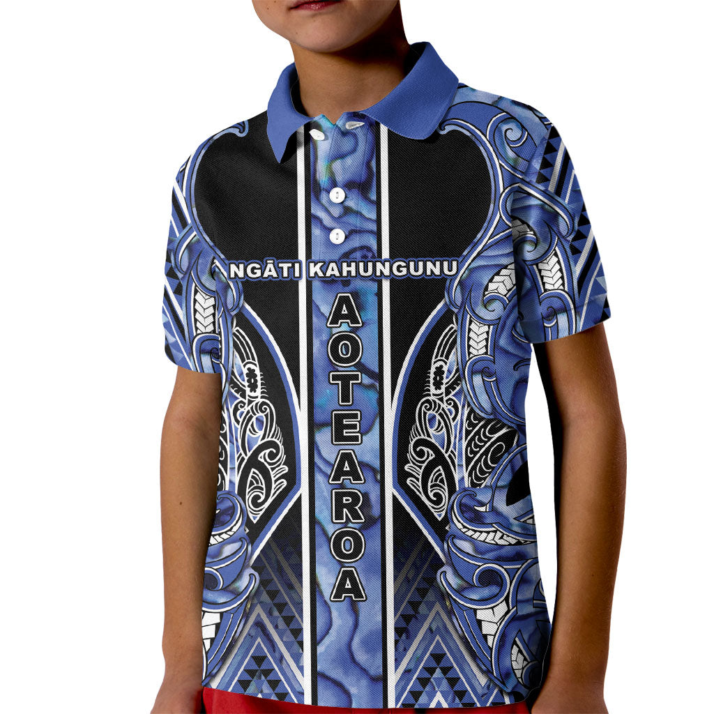 Aotearoa Ngati Kahungunu Kid Polo Shirt Maori Tribal Blue Paua Shell Pattern DT05 Kid Blue - Polynesian Pride