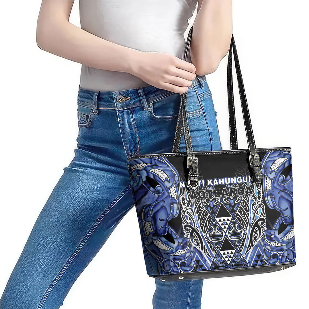 Aotearoa Ngati Kahungunu Leather Tote Bag Maori Tribal Blue Paua Shell Pattern DT05 - Polynesian Pride