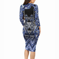 Aotearoa Ngati Kahungunu Long Sleeve Bodycon Dress Maori Tribal Blue Paua Shell Pattern DT05 - Polynesian Pride