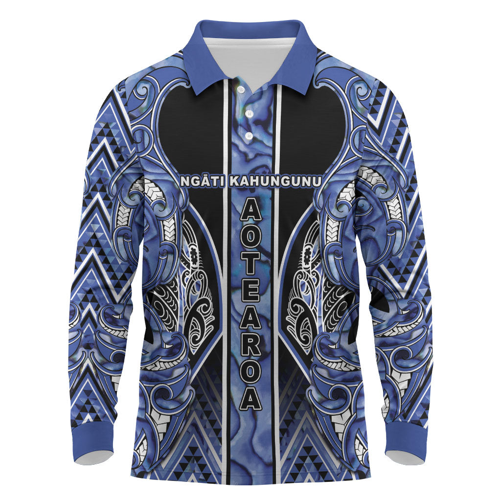 Aotearoa Ngati Kahungunu Long Sleeve Polo Shirt Maori Tribal Blue Paua Shell Pattern DT05 Blue - Polynesian Pride