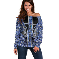 Aotearoa Ngati Kahungunu Off Shoulder Sweater Maori Tribal Blue Paua Shell Pattern DT05 Women Blue - Polynesian Pride