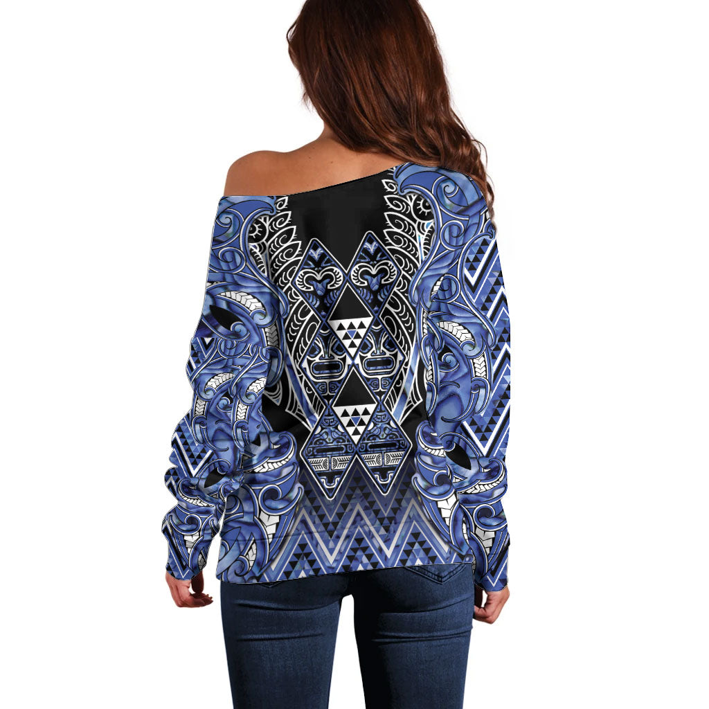 Aotearoa Ngati Kahungunu Off Shoulder Sweater Maori Tribal Blue Paua Shell Pattern DT05 - Polynesian Pride