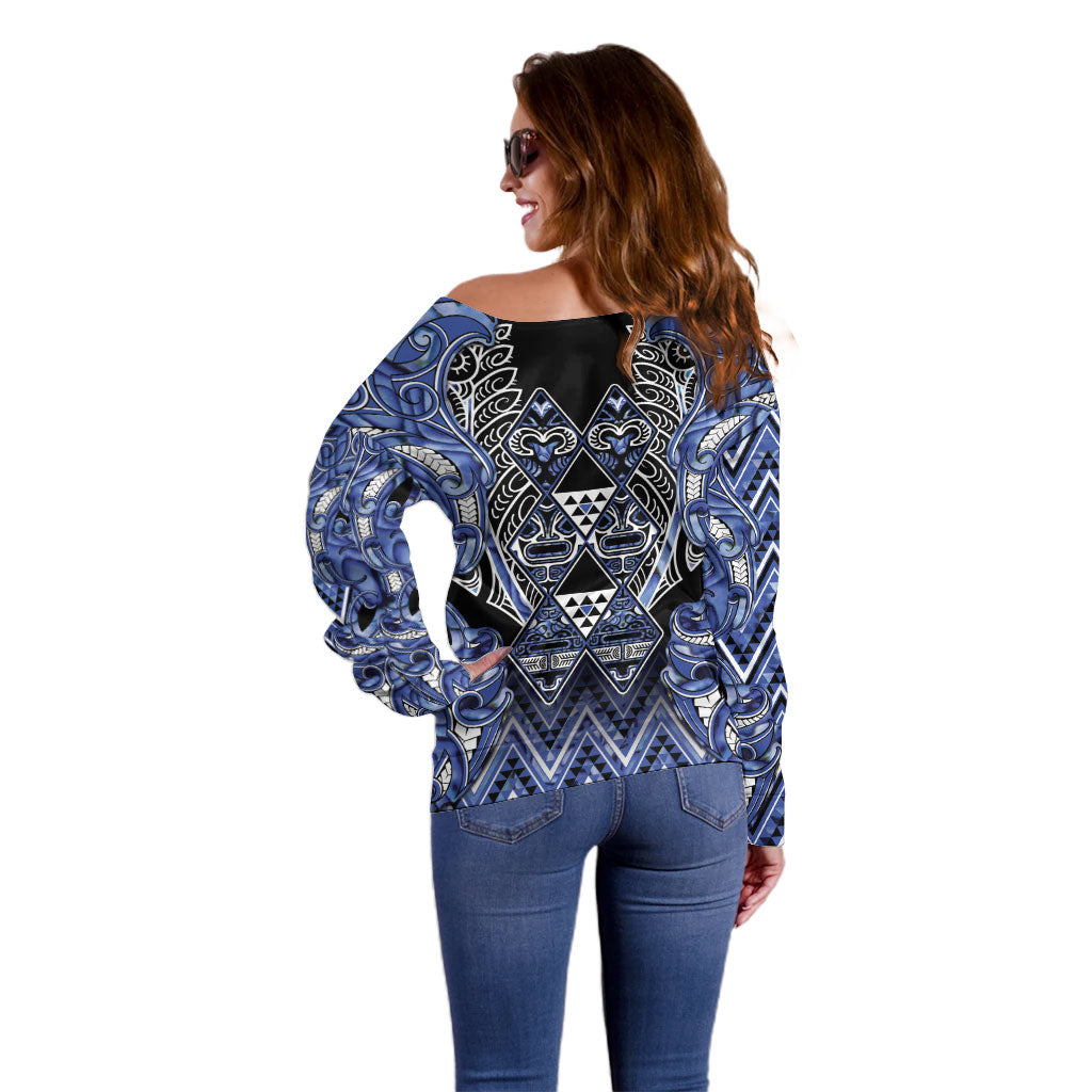 Aotearoa Ngati Kahungunu Off Shoulder Sweater Maori Tribal Blue Paua Shell Pattern DT05 - Polynesian Pride