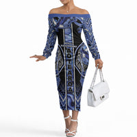 Aotearoa Ngati Kahungunu Off The Shoulder Long Sleeve Dress Maori Tribal Blue Paua Shell Pattern DT05 Women Blue - Polynesian Pride