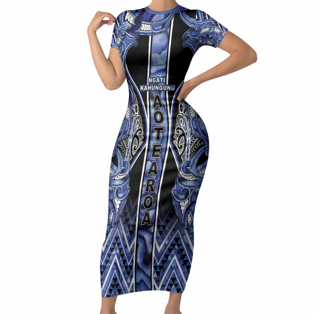 Aotearoa Ngati Kahungunu Short Sleeve Bodycon Dress Maori Tribal Blue Paua Shell Pattern DT05 Long Dress Blue - Polynesian Pride