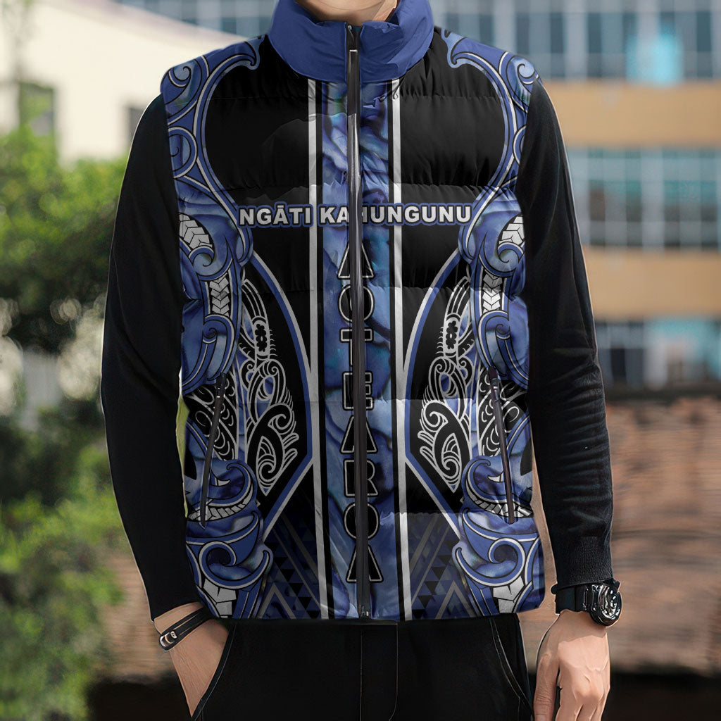 Aotearoa Ngati Kahungunu Sleeveless Puffer Jacket Maori Tribal Blue Paua Shell Pattern DT05 - Polynesian Pride