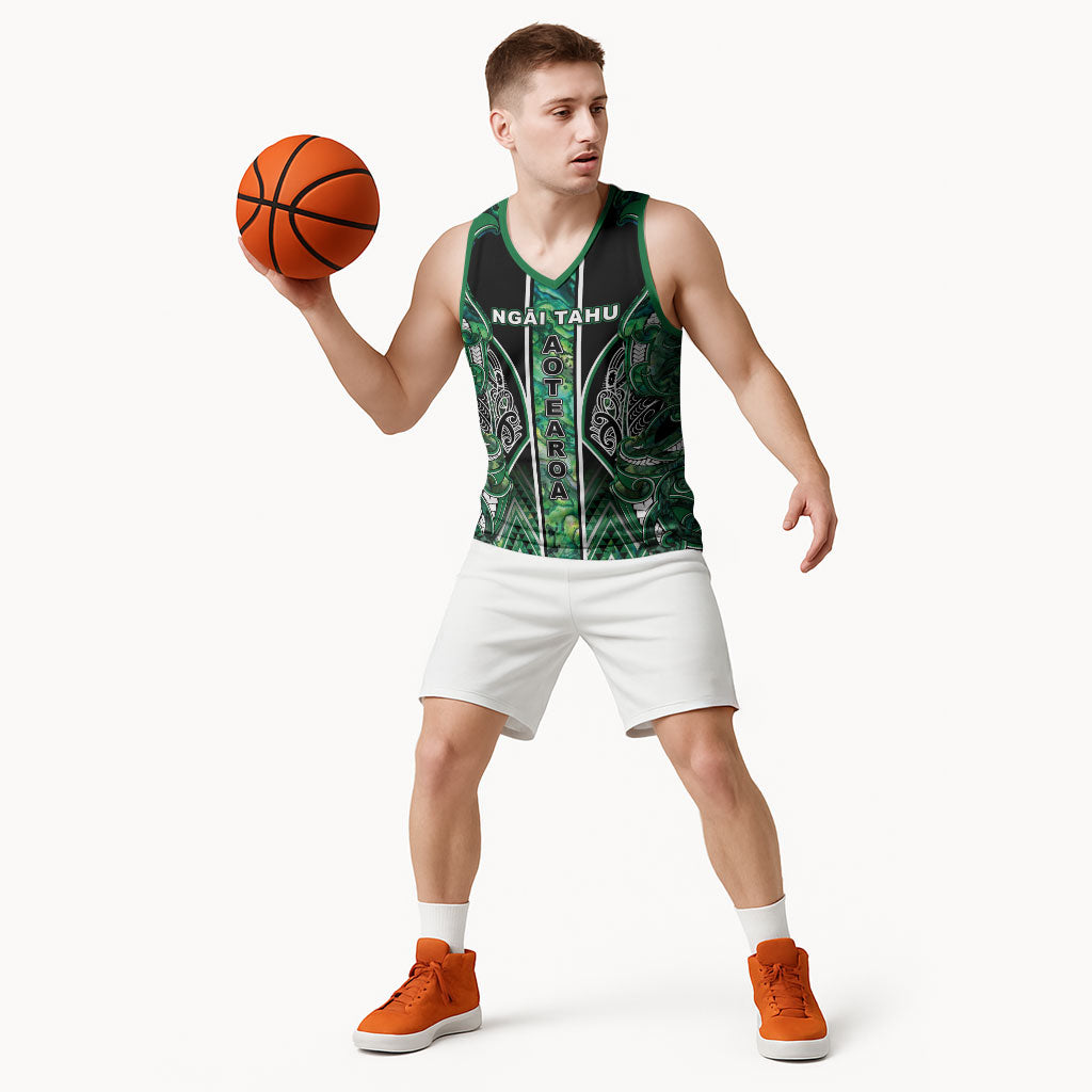 Aotearoa Ngai Tahu Basketball Jersey Maori Tribal Dark Green Paua Shell Pattern DT05 - Polynesian Pride