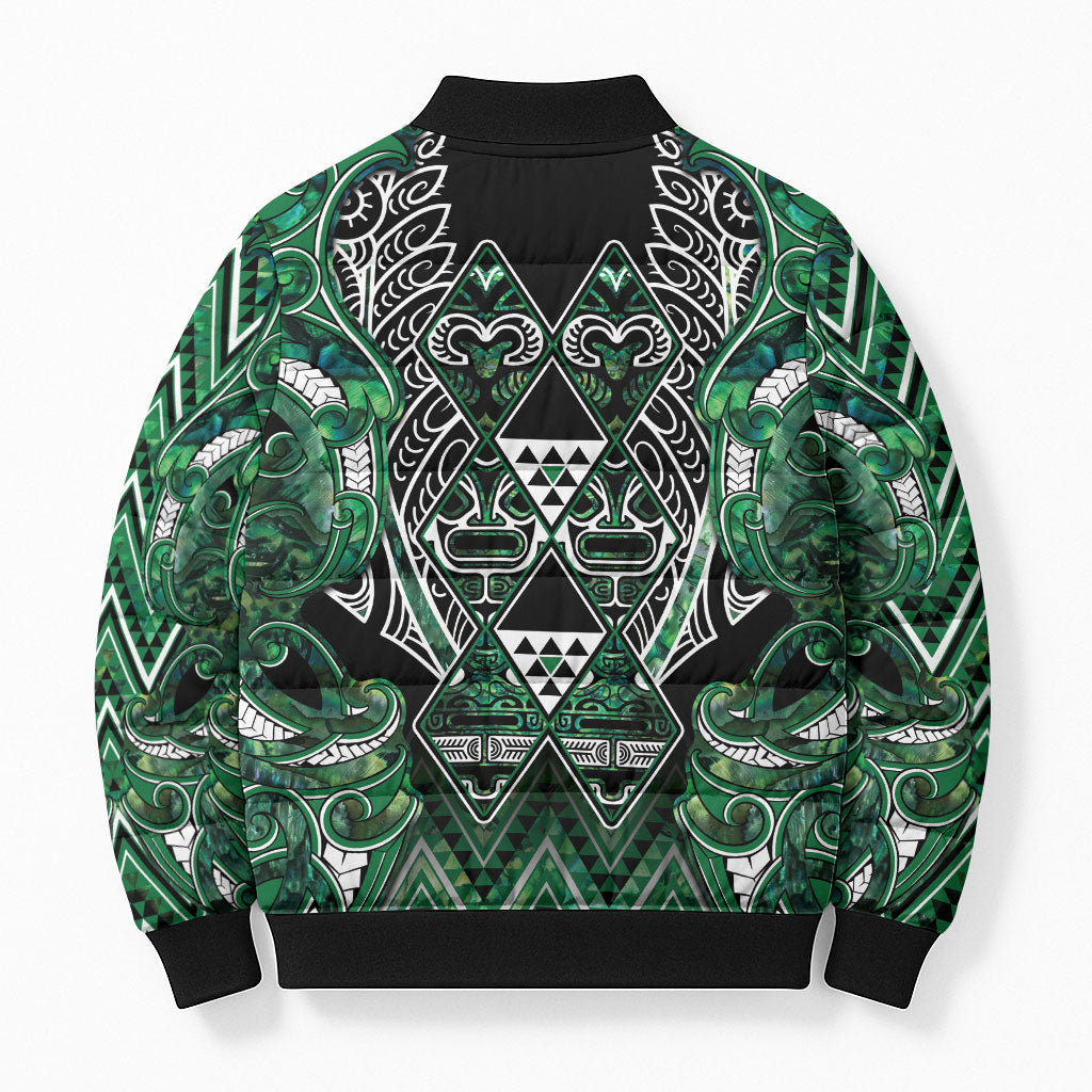 Aotearoa Ngai Tahu Bomber Puffer Jacket Maori Tribal Dark Green Paua Shell Pattern DT05 - Polynesian Pride