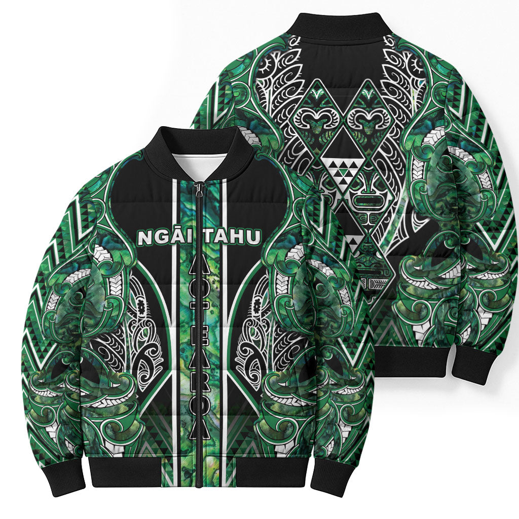 Aotearoa Ngai Tahu Bomber Puffer Jacket Maori Tribal Dark Green Paua Shell Pattern DT05 - Polynesian Pride