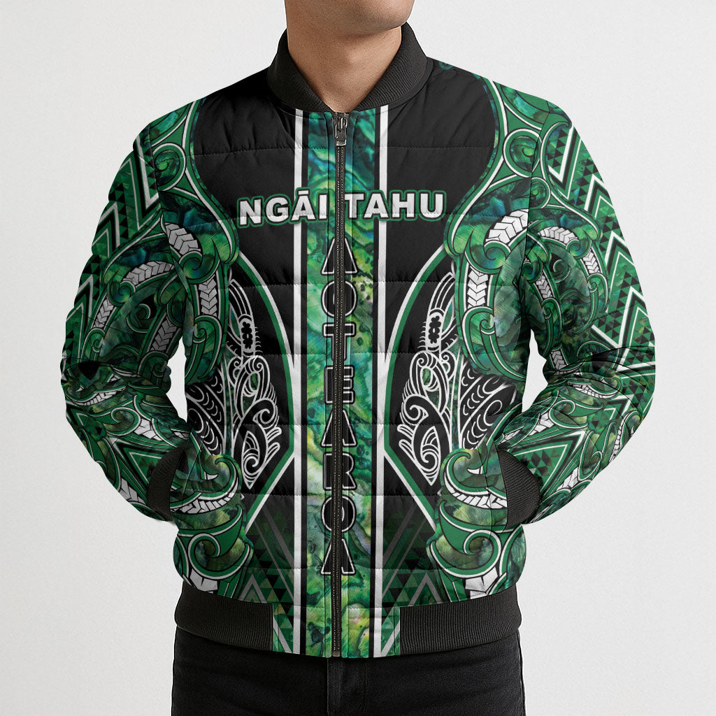 Aotearoa Ngai Tahu Bomber Puffer Jacket Maori Tribal Dark Green Paua Shell Pattern DT05 - Polynesian Pride