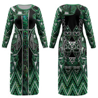 Aotearoa Ngai Tahu Couples Matching Long Sleeve Bodycon Dress and Hawaiian Shirt Maori Tribal Dark Green Paua Shell Pattern DT05 - Polynesian Pride