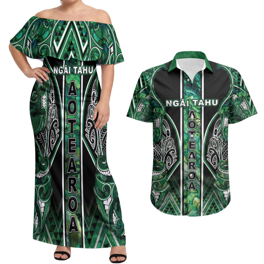 Aotearoa Ngai Tahu Couples Matching Off Shoulder Maxi Dress and Hawaiian Shirt Maori Tribal Dark Green Paua Shell Pattern DT05 Green - Polynesian Pride