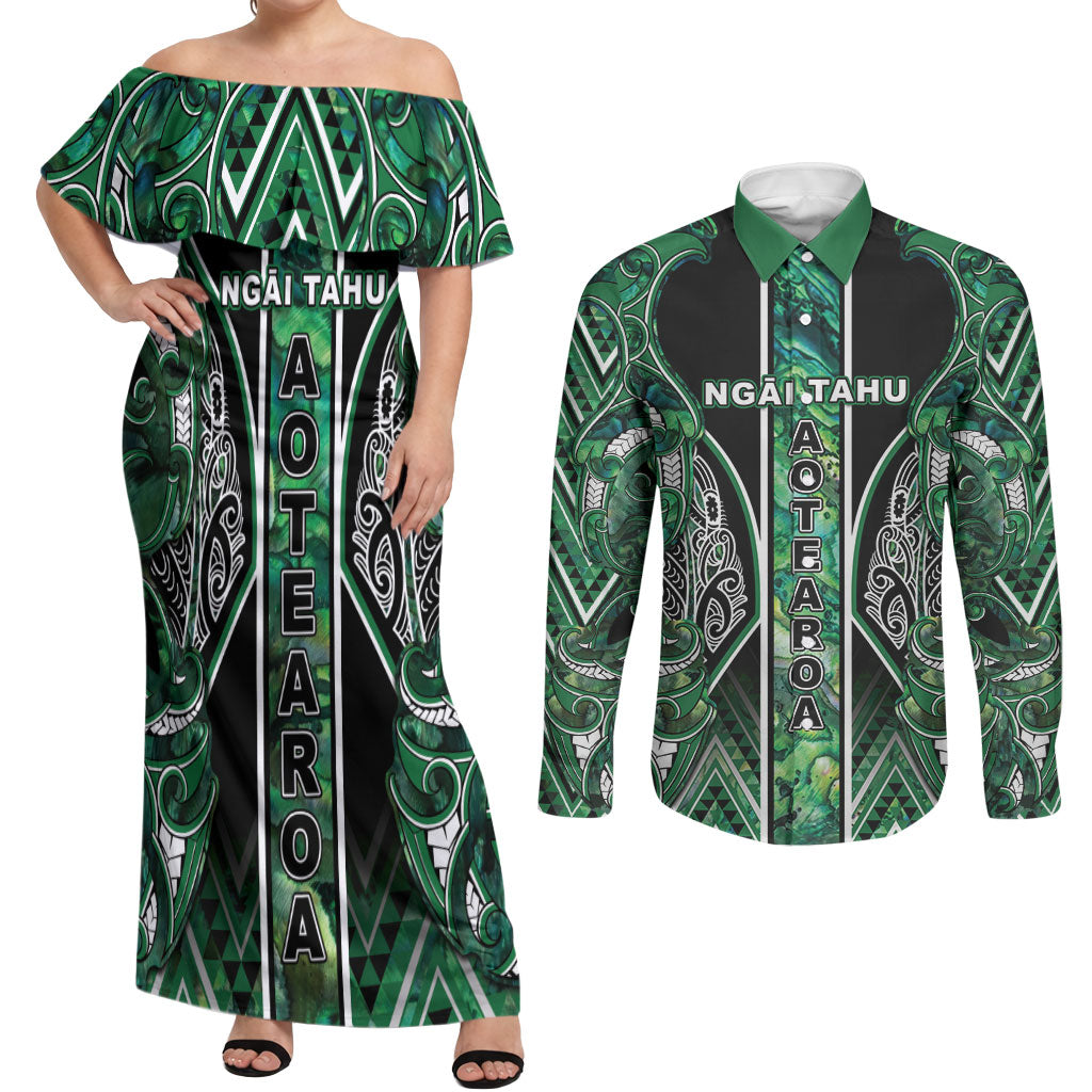 Aotearoa Ngai Tahu Couples Matching Off Shoulder Maxi Dress and Long Sleeve Button Shirt Maori Tribal Dark Green Paua Shell Pattern DT05 Green - Polynesian Pride