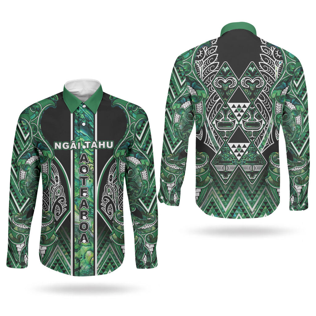 Aotearoa Ngai Tahu Couples Matching Off Shoulder Maxi Dress and Long Sleeve Button Shirt Maori Tribal Dark Green Paua Shell Pattern DT05 - Polynesian Pride