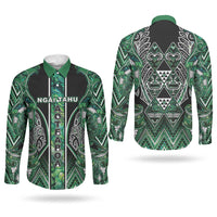 Aotearoa Ngai Tahu Couples Matching Off Shoulder Maxi Dress and Long Sleeve Button Shirt Maori Tribal Dark Green Paua Shell Pattern DT05 - Polynesian Pride