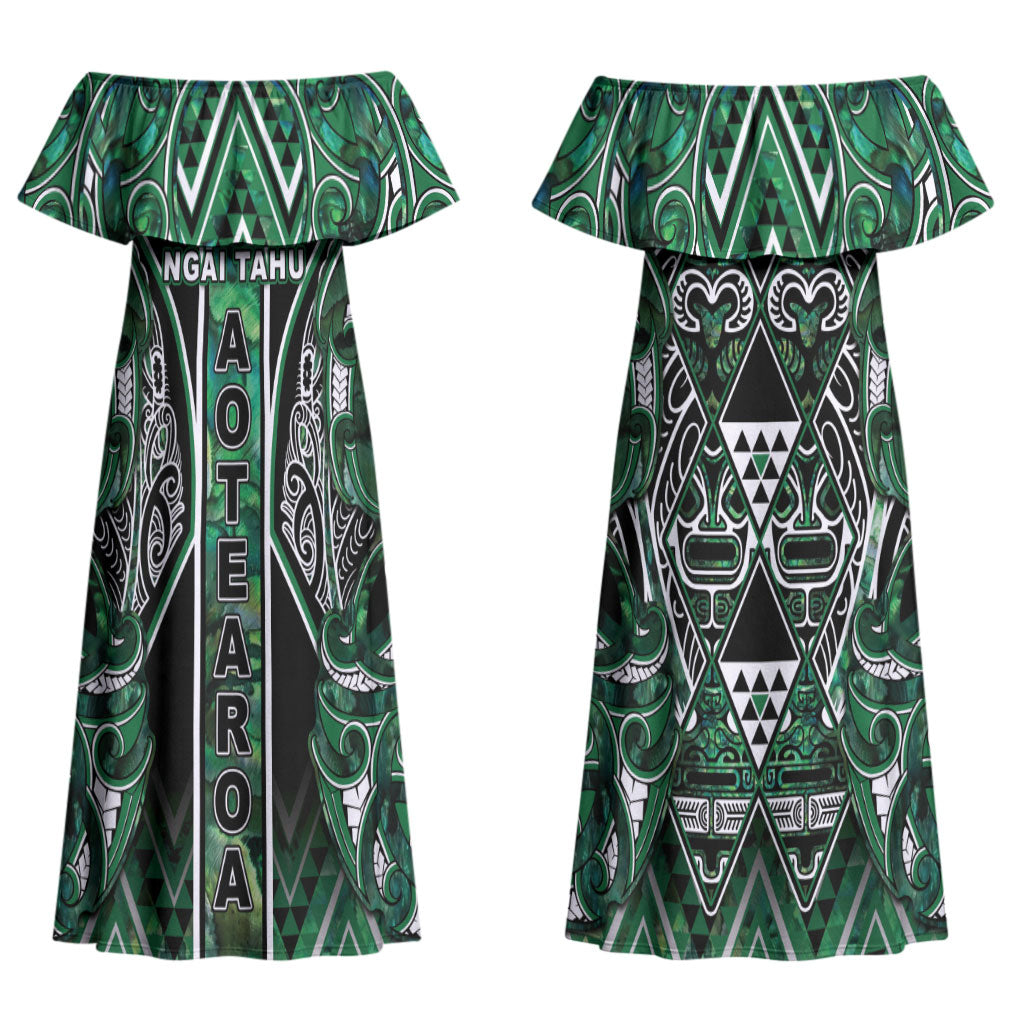 Aotearoa Ngai Tahu Couples Matching Off Shoulder Maxi Dress and Long Sleeve Button Shirt Maori Tribal Dark Green Paua Shell Pattern DT05 - Polynesian Pride