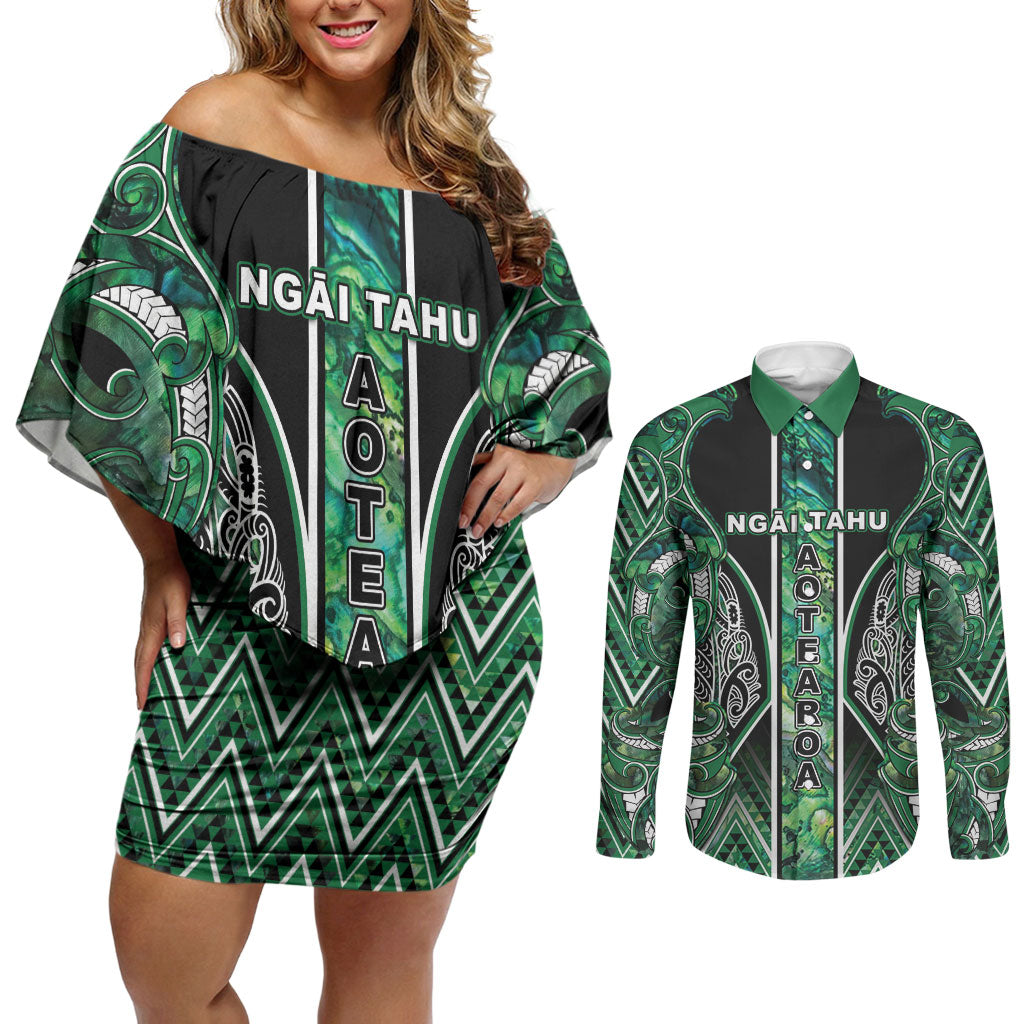 Aotearoa Ngai Tahu Couples Matching Off Shoulder Short Dress and Long Sleeve Button Shirt Maori Tribal Dark Green Paua Shell Pattern DT05 Green - Polynesian Pride