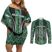 Aotearoa Ngai Tahu Couples Matching Off Shoulder Short Dress and Long Sleeve Button Shirt Maori Tribal Dark Green Paua Shell Pattern DT05 Green - Polynesian Pride