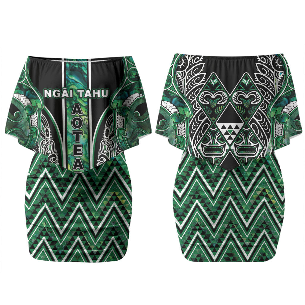 Aotearoa Ngai Tahu Couples Matching Off Shoulder Short Dress and Long Sleeve Button Shirt Maori Tribal Dark Green Paua Shell Pattern DT05 - Polynesian Pride