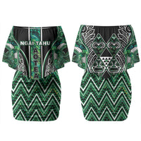 Aotearoa Ngai Tahu Couples Matching Off Shoulder Short Dress and Long Sleeve Button Shirt Maori Tribal Dark Green Paua Shell Pattern DT05 - Polynesian Pride