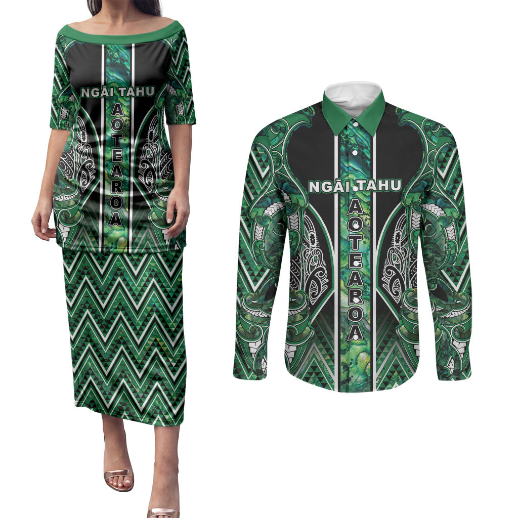 Aotearoa Ngai Tahu Couples Matching Puletasi and Long Sleeve Button Shirt Maori Tribal Dark Green Paua Shell Pattern DT05 Green - Polynesian Pride