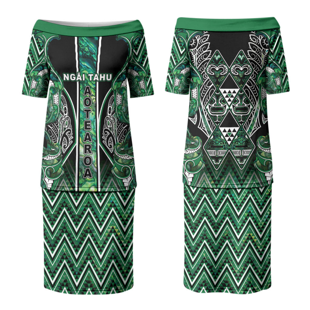 Aotearoa Ngai Tahu Couples Matching Puletasi and Long Sleeve Button Shirt Maori Tribal Dark Green Paua Shell Pattern DT05 - Polynesian Pride