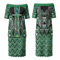 Aotearoa Ngai Tahu Couples Matching Puletasi and Long Sleeve Button Shirt Maori Tribal Dark Green Paua Shell Pattern DT05 - Polynesian Pride