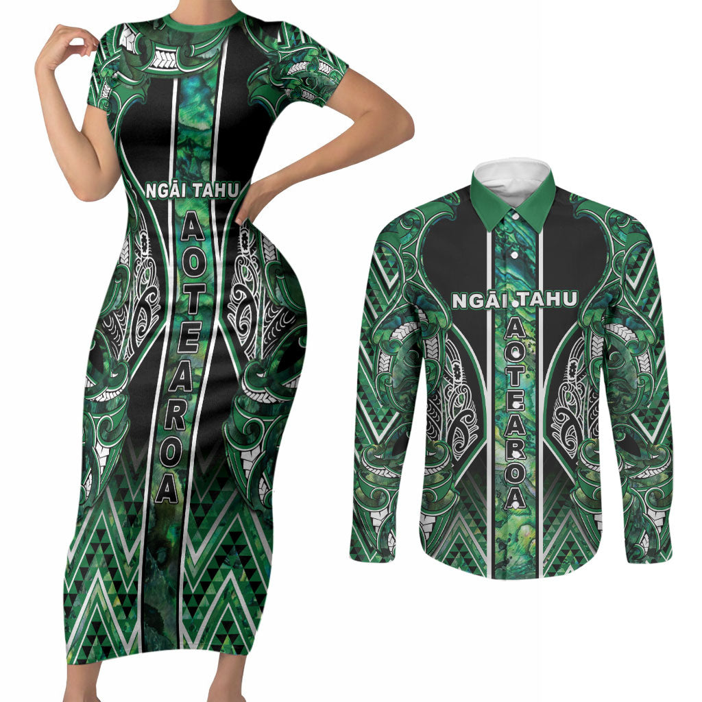 Aotearoa Ngai Tahu Couples Matching Short Sleeve Bodycon Dress and Long Sleeve Button Shirt Maori Tribal Dark Green Paua Shell Pattern DT05 Green - Polynesian Pride