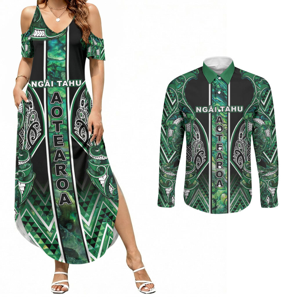 Aotearoa Ngai Tahu Couples Matching Summer Maxi Dress and Long Sleeve Button Shirt Maori Tribal Dark Green Paua Shell Pattern DT05 Green - Polynesian Pride